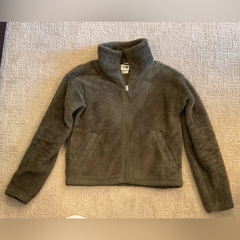 💜🌿North Face Olive Green Fuzzy Fleece Zip Mock Neck Sherpa Sweater Jacket S EUC